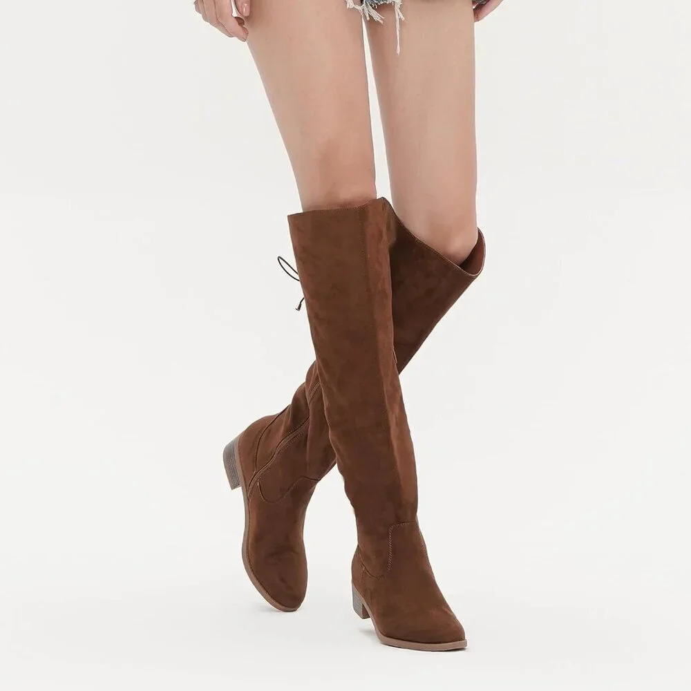 Women's Camel Faux Suede Over The Knee High Side Zip Block Heel Riding Booties
